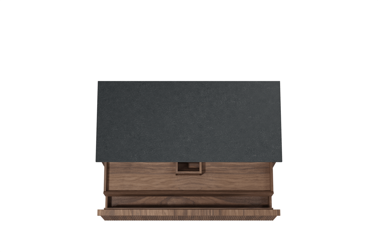 Balmani Forma hängendes Möbelstück Set: 120 x 55 cm, Amerikanischer Nussbaum, mit Stretto Einzel Waschtischplatte, Granit, Schwarzes Granit, Vertikale symmetrische gerade Rippe