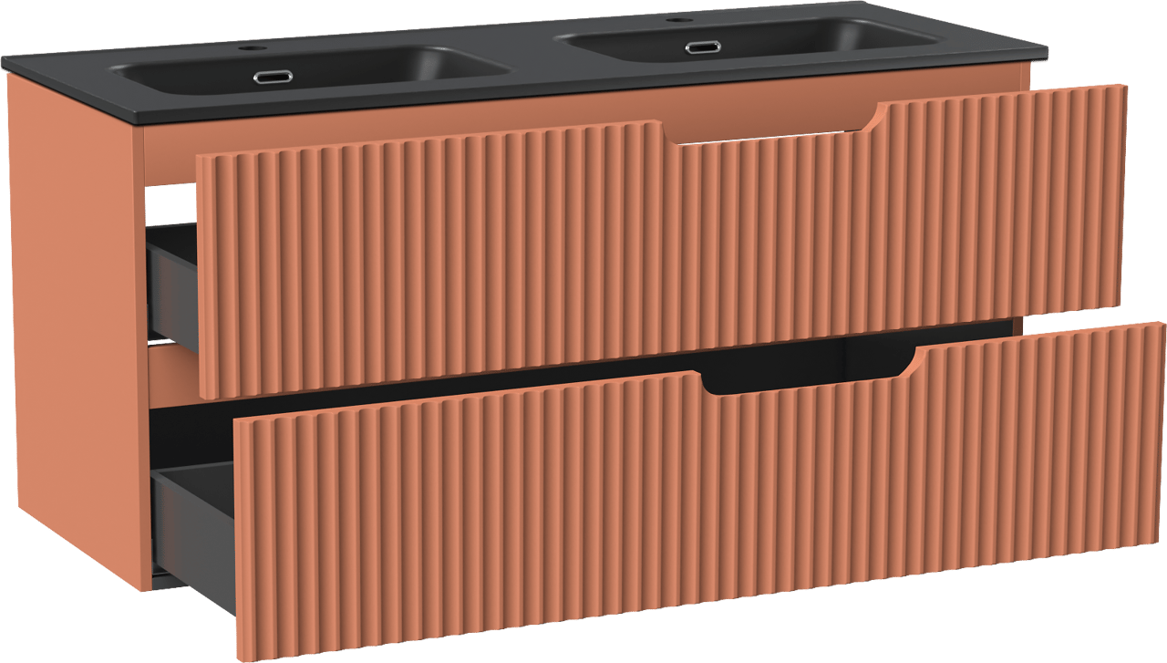 Linie Ribbo zwevend badkamermeubel 120 x 46 cm cotto met Baro dubbele wastafel in porselein mat zwart, Verticale symmetrische ronde ribbel