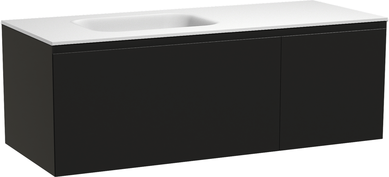 Balmani Idra meuble salle de bains suspendu 135 x 55 cm noir mat avec Tablo Arcato plan vasque asymétrique à gauche en solid surface blanc mat