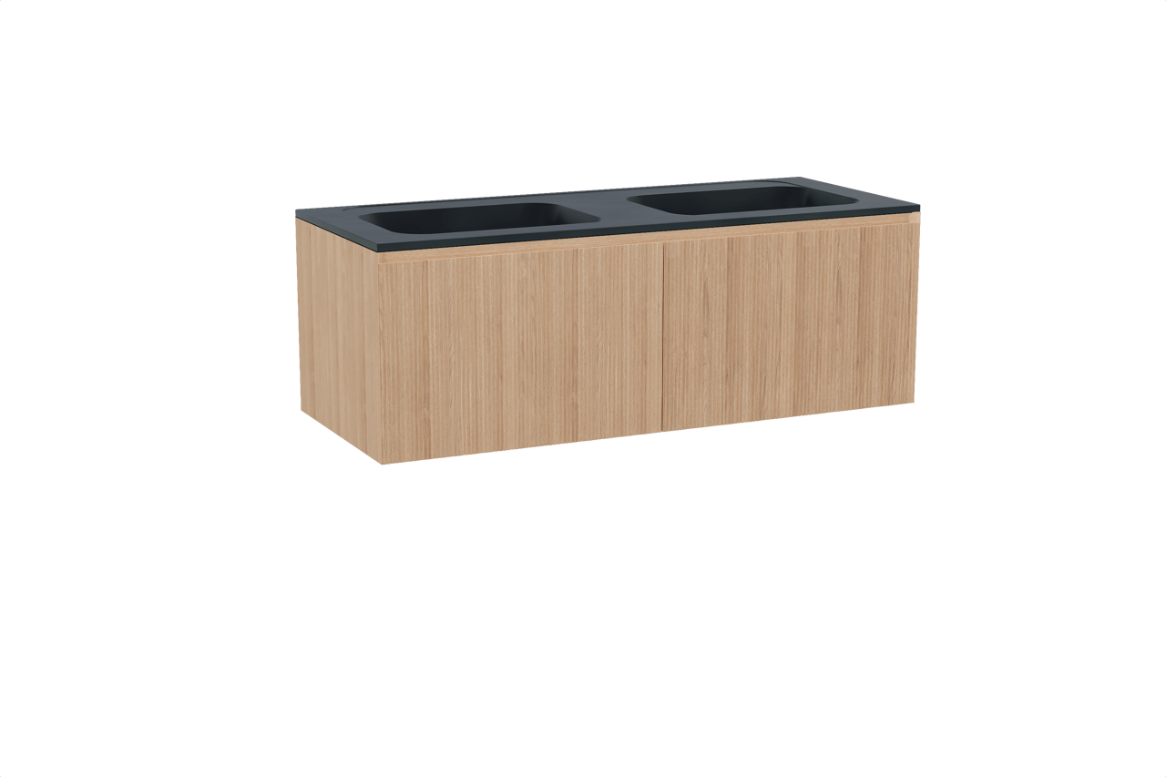 Balmani Fila meuble salle de bains suspendu 135 x 55 cm chêne naturel avec Tablo Strada double vasque en marbre composite noir mat, Nervure droite symétrique verticale