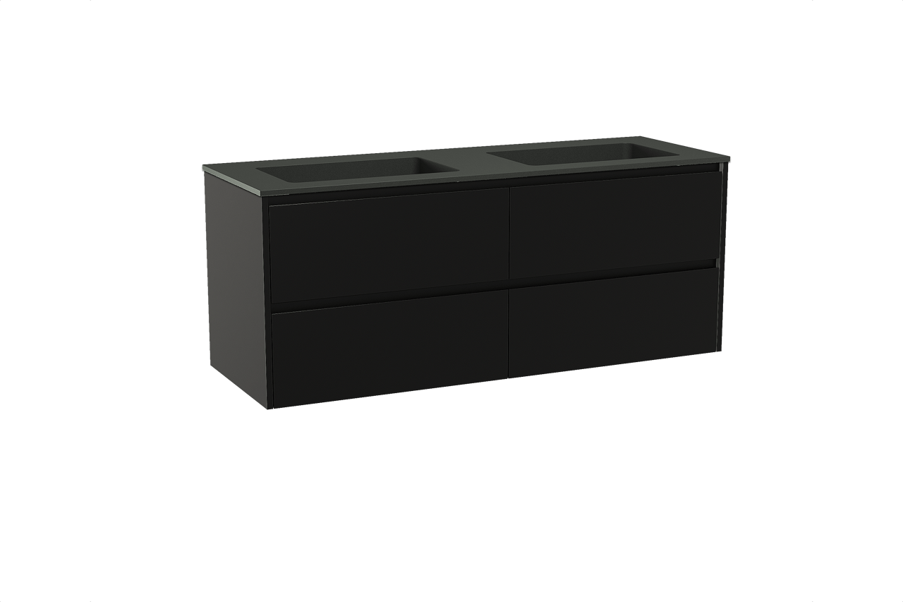 Storke Seda hängendes Möbelstück Set: 150 x 52 cm, Schwarz matt, mit Scuro Doppelwaschtisch, Quarz Schwarz matt