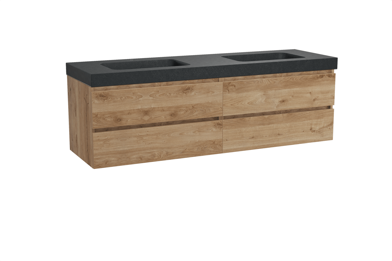 Balmani Lucida hängendes Möbelstück Set: 180 x 55 cm, Rohe Eiche, mit Napoli Doppelwaschtisch, Schwarzes Granit