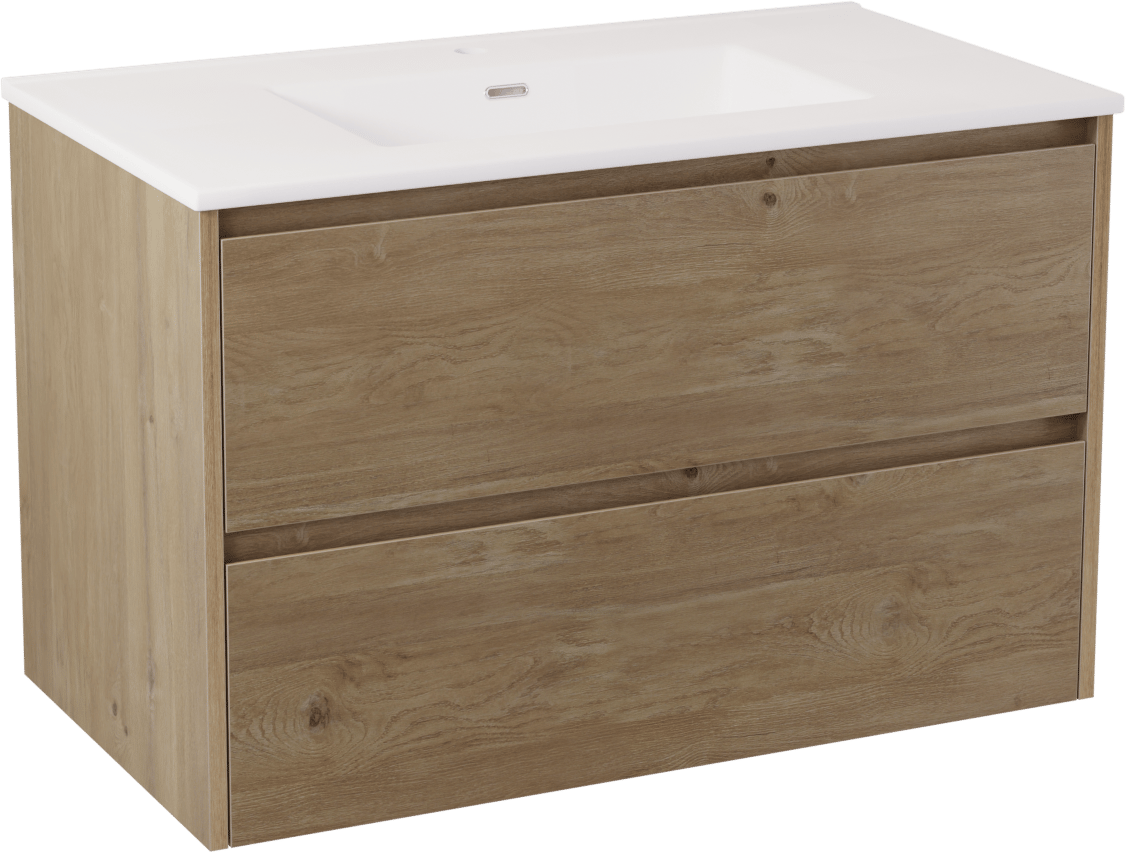 Storke Seda hängendes Möbelstück Set: 95 x 52 cm, Raue Eiche, mit Kera Doppelwaschtisch, Keramik Weiß matt, inklusive Ablaufventil