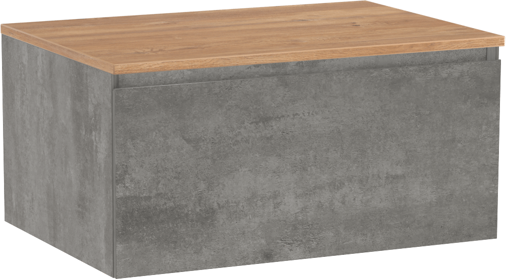 Storke Edge hängendes Möbelstück Set: 75 x 52 cm, Beton dunkelgrau, mit Panton Einzel Waschtischplatte, Melamin Rohe Eiche