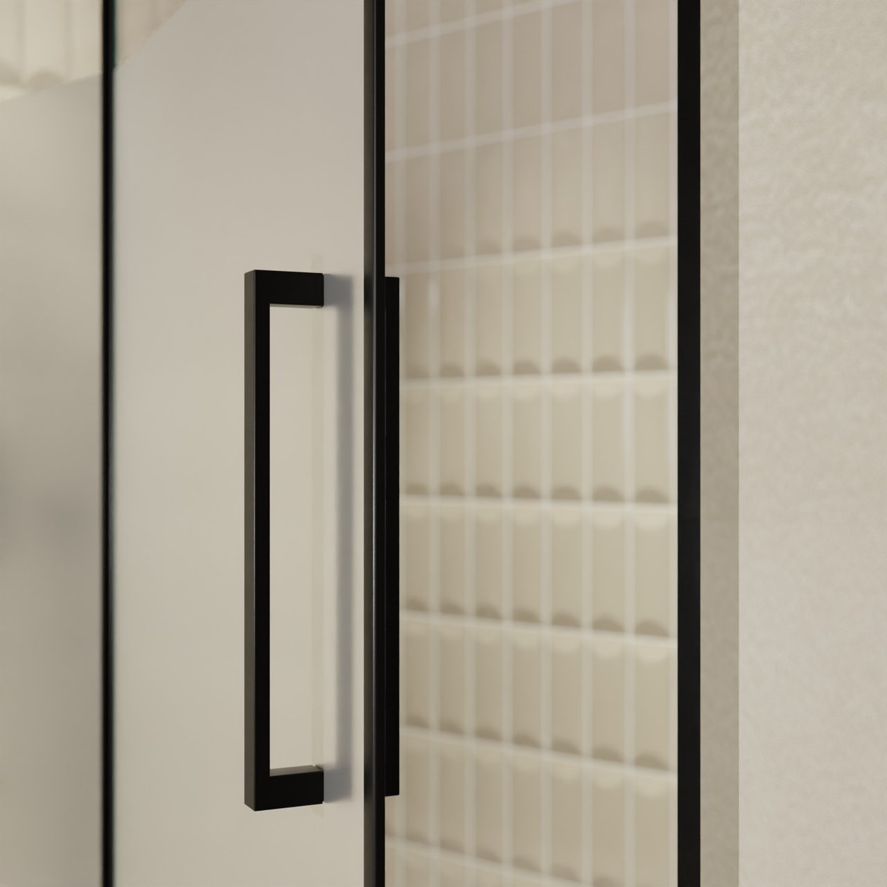 Balmani Senses Design Dusche Drehtür, Links, 140 cm x 210 cm, Klarglas mit mattiertem Streifen, Profil Schwarz