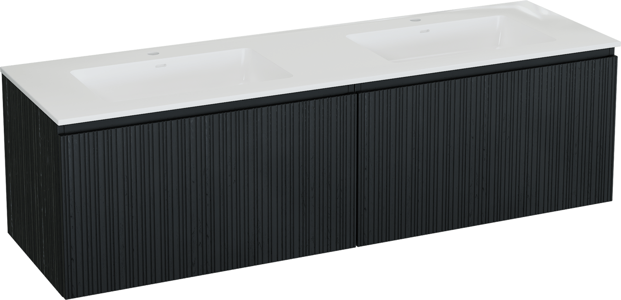 Storke Ribs meuble salle de bains suspendu 170 x 52 cm chêne noir avec Bilia double vasque en marbre composite blanc brillant, Nervure droite asymétrique verticale
