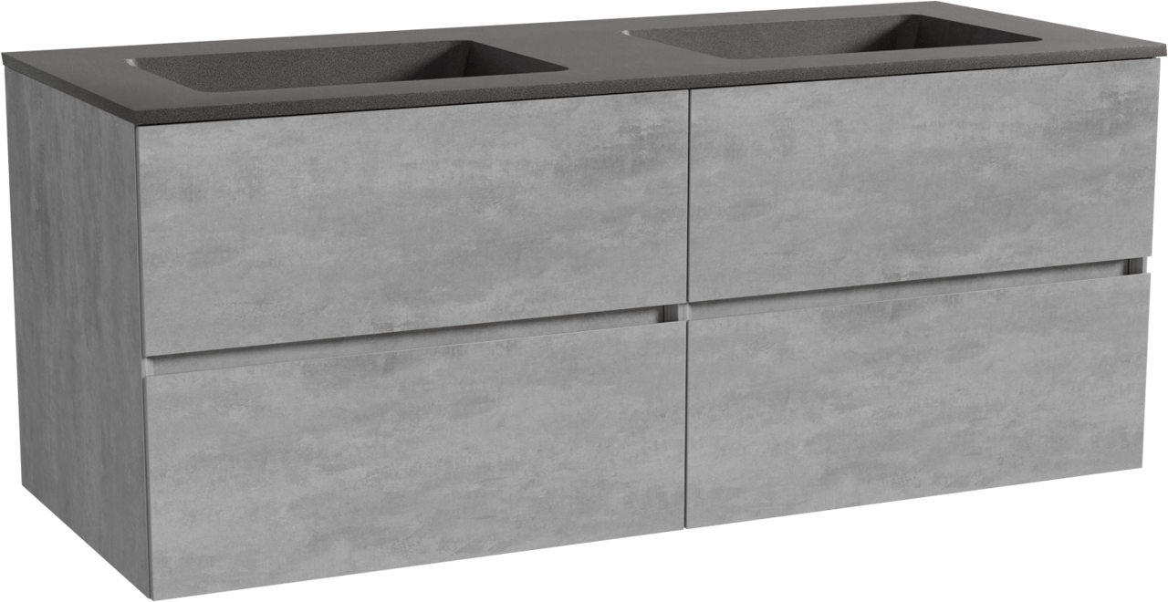 Storke Edge zwevend badmeubel 130 x 52 cm beton donkergrijs met Scuro dubbele wastafel in kwarts mat zwart