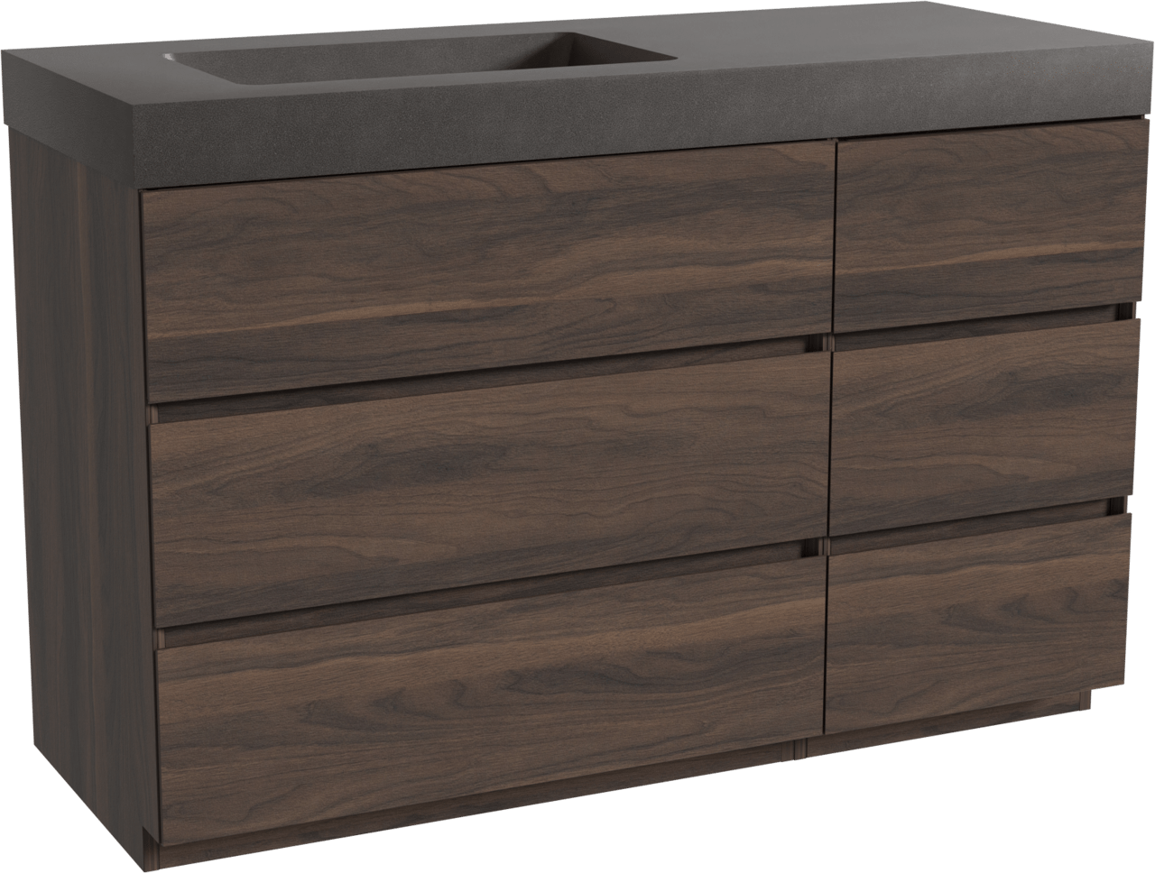 Storke Edge staand badmeubel 130 x 52 cm notenhout met Scuro High asymmetrisch linkse wastafel in kwarts mat zwart