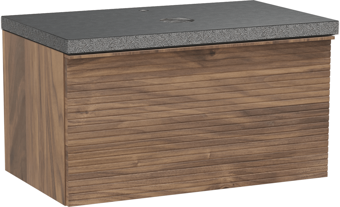 Balmani Forma hängendes Möbelstück Set: 90 x 55 cm, Amerikanischer Nussbaum, mit Rock Einzel Waschtischplatte, Granit, Schwarzes Granit, Horizontale symmetrische gerade Rippe