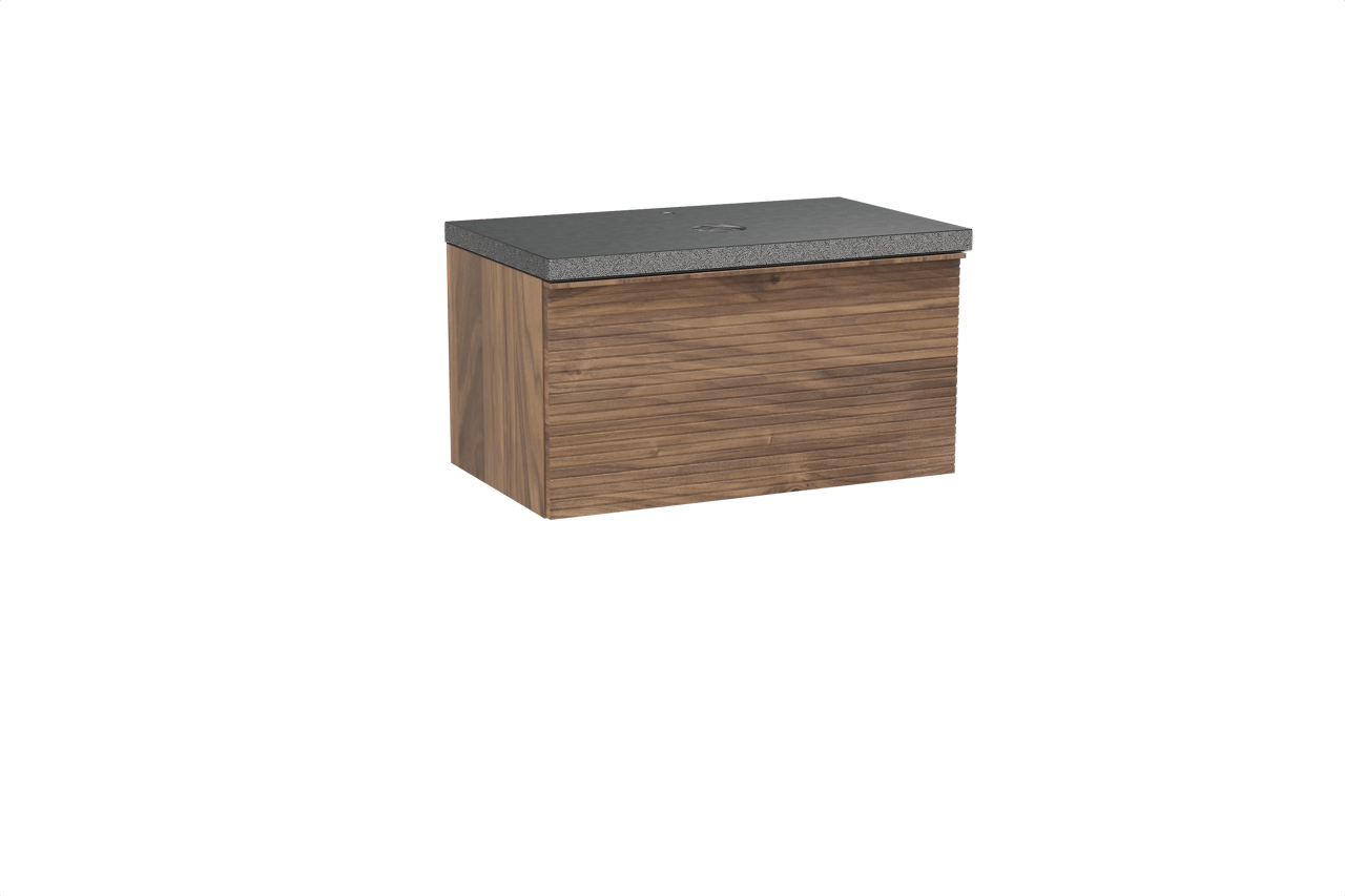 Balmani Forma hängendes Möbelstück Set: 90 x 55 cm, Amerikanischer Nussbaum, mit Rock Einzel Waschtischplatte, Granit, Schwarzes Granit, Horizontale symmetrische gerade Rippe