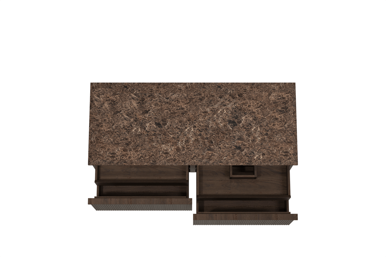 Balmani Forma zwevend badkamermeubel 135 x 55 cm gerookte eik met Stretto enkel of dubbel tablet in marmer dark emperador, Verticale symmetrische rechte ribbel