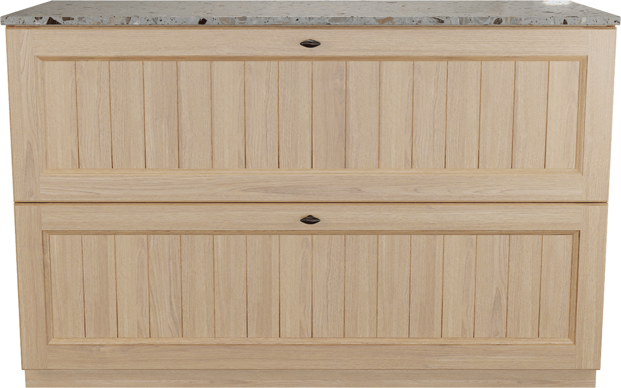 Balmani Lemon staand badkamermeubel 135 x 55 cm, fineer natuur eik met Stretto enkel of dubbel tablet in greige terrazzo