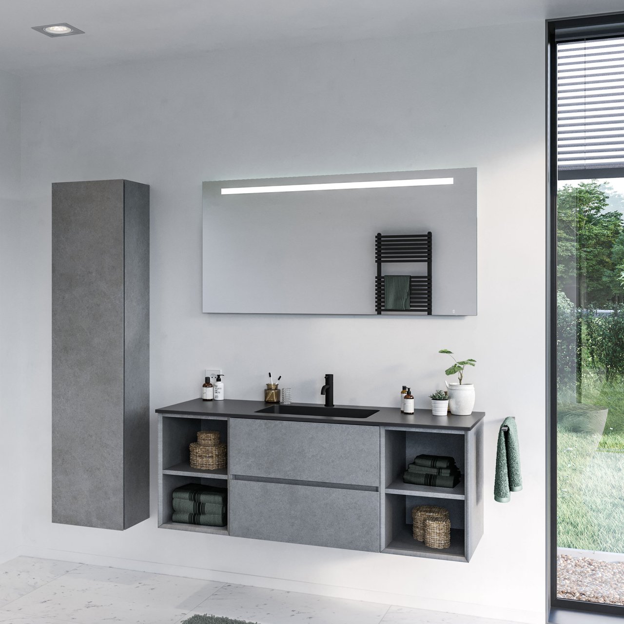 Storke Edge colonne salle de bains suspenduee avec miroir béton gris foncé 40 x 30 x 170 cm