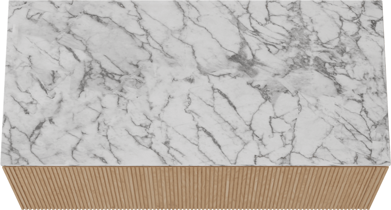 Balmani Eclips hängendes Möbelstück Set: 120 x 55 cm, Eiche Natur, mit Stretto Einzel- oder Doppel Waschtischplatte Carrara-Marmor, Vertikale symmetrische gerade Rippe