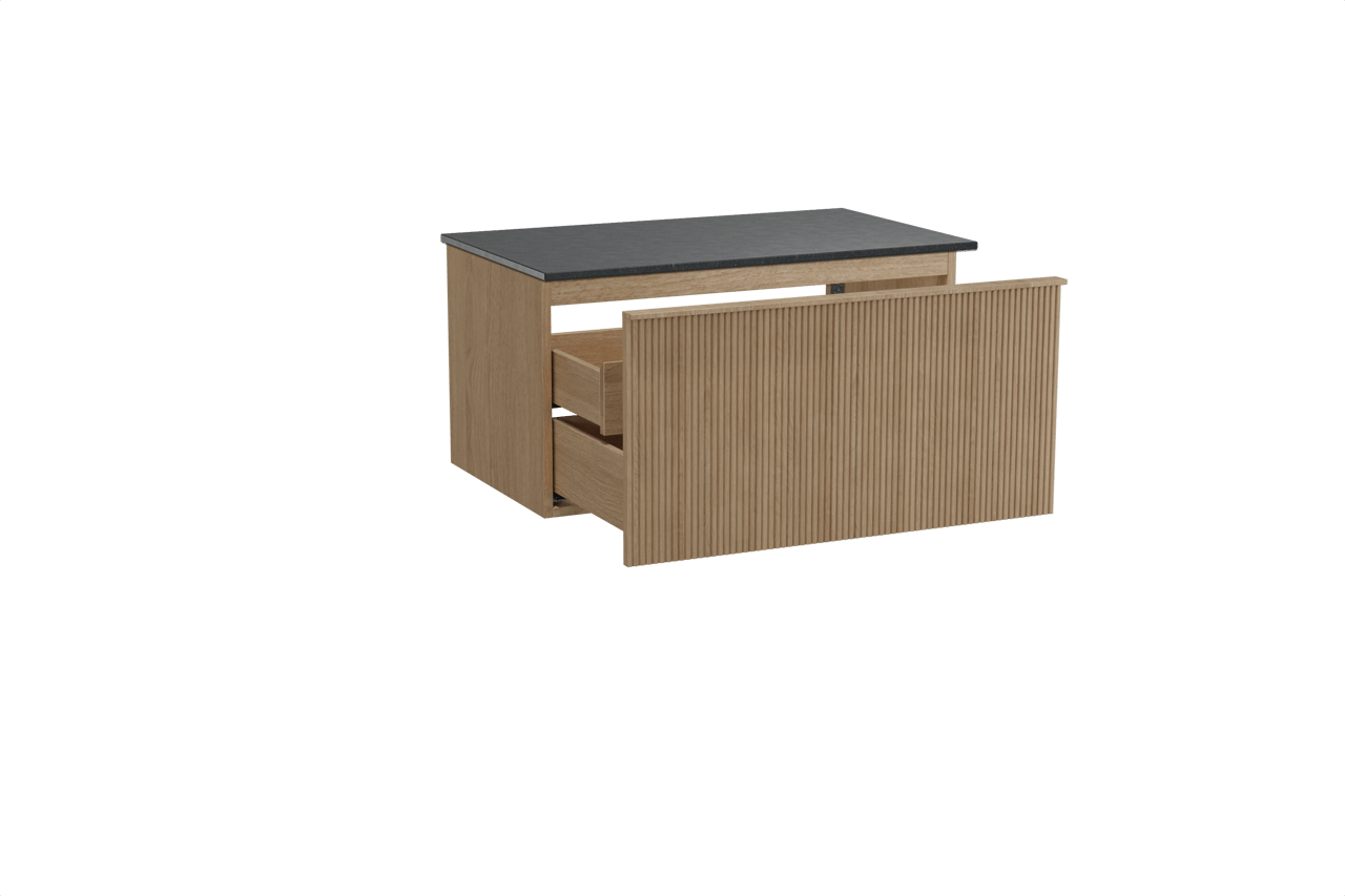 Balmani Forma zwevend badkamermeubel 90 x 55 cm natuur eik met Stretto enkel tablet in graniet zwart, Verticale symmetrische rechte ribbel