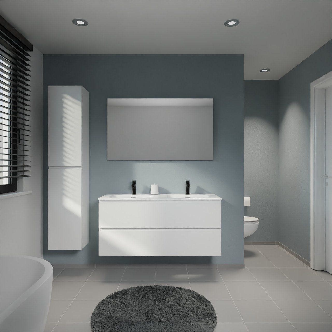 Linie Lado meuble salle de bains suspendu 120 x 46 cm blanc brillant avec Baro double vasque en porcelaine blanc brillant