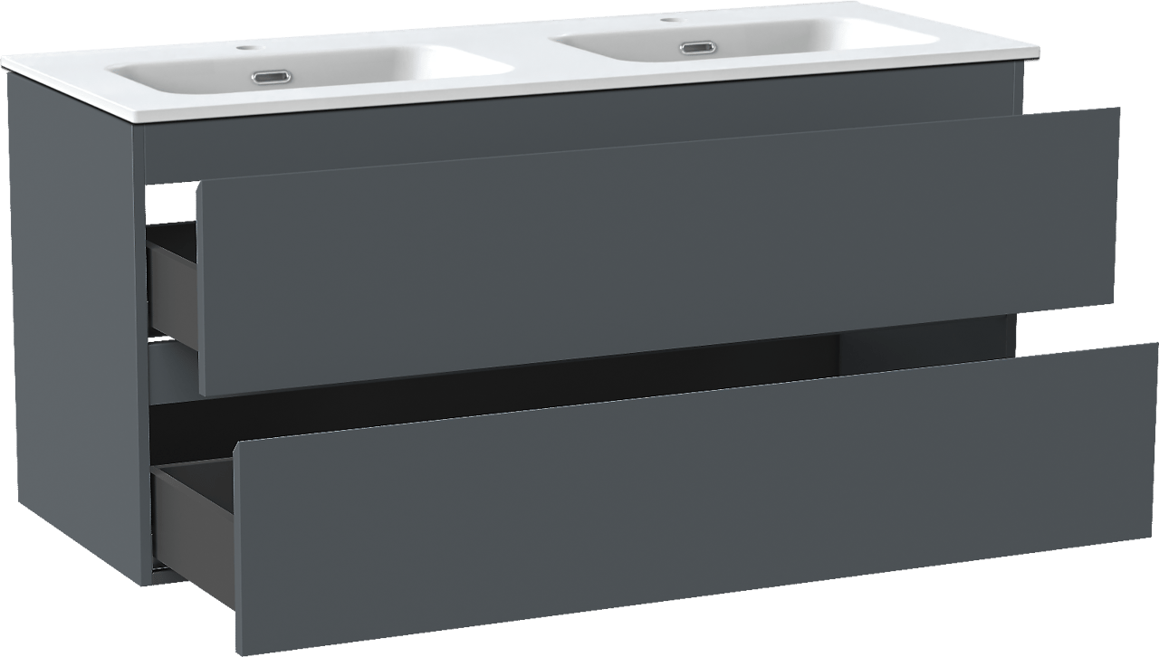 Linie Lado zwevend badmeubel 120 x 46 cm blauw antraciet met Baro dubbele wastafel in porselein mat wit