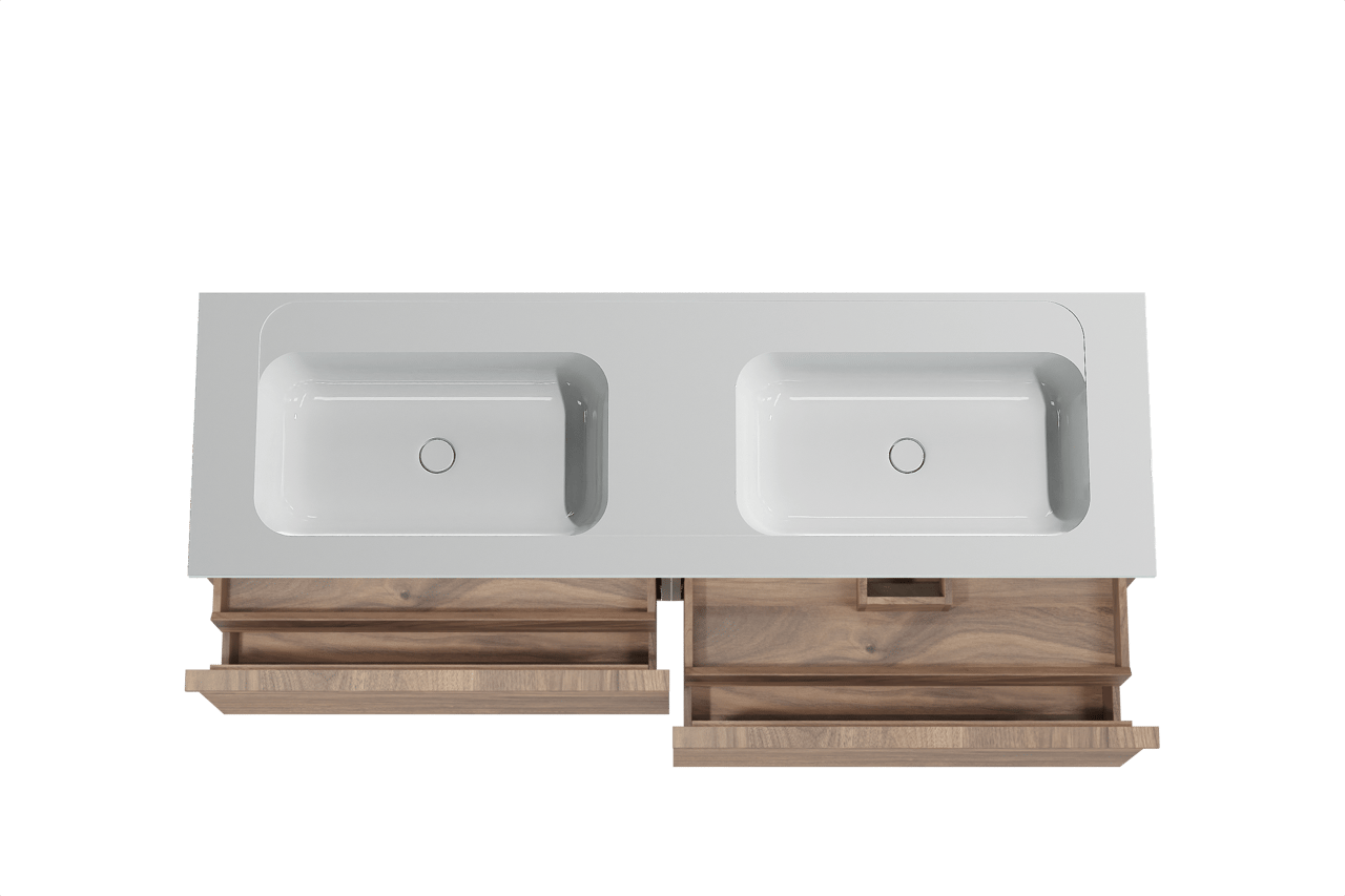 Balmani Forma meuble salle de bains suspendu 180 x 55 cm noyer américain avec Tablo Strada double vasque en marbre composite blanc brillant, Nervure droite symétrique horizontale