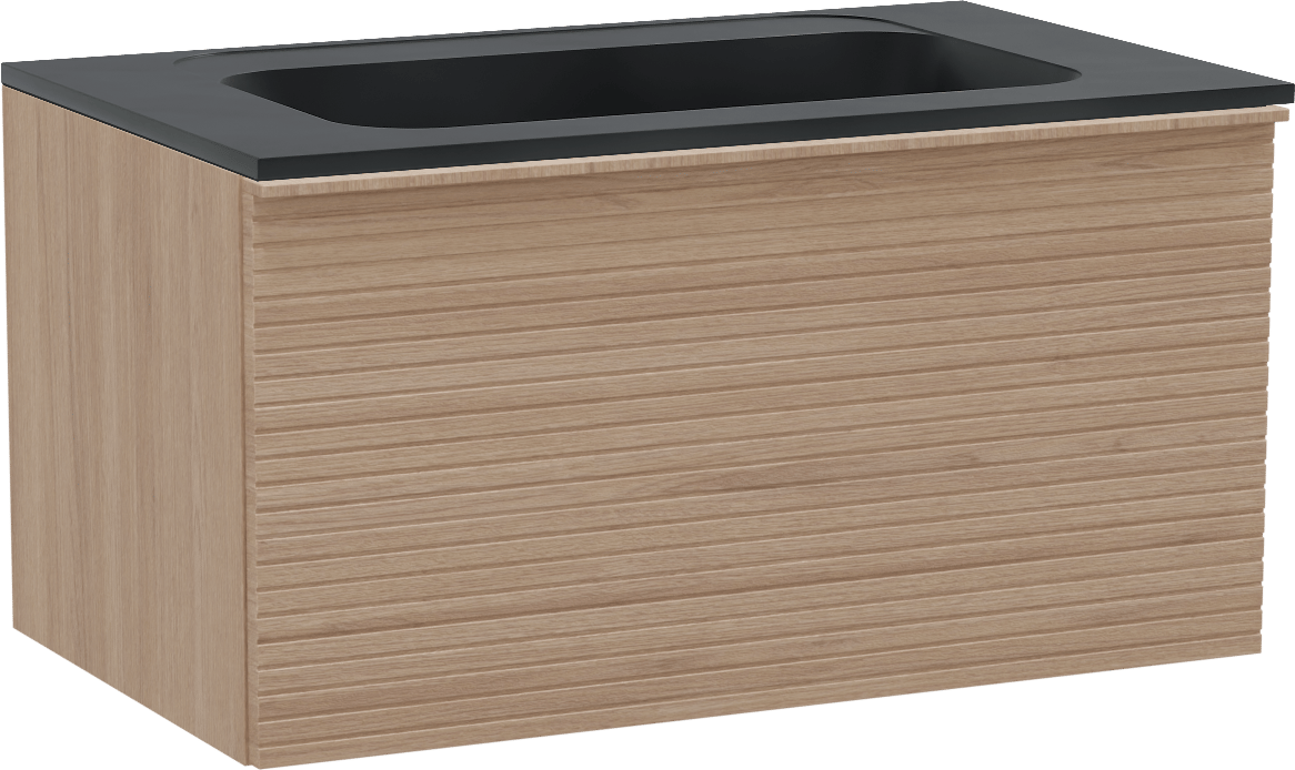 Balmani Forma hängendes Möbelstück Set: 90 x 55 cm, Naturbelassene Eiche, mit Tablo Strada Einzelwaschtisch, Marmorkomposit, Schwarz matt, Horizontale symmetrische gerade Rippe