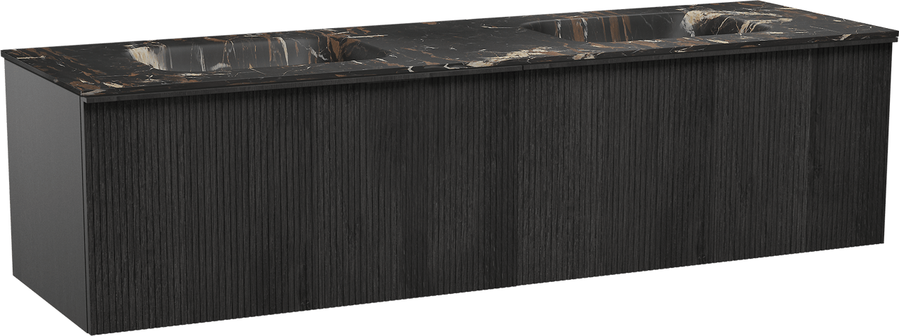 Balmani Forma zwevend badkamermeubel 180 x 55 cm zwarte eik met Tablo Arcato dubbele wastafel in marmer portoro gold, Verticale symmetrische rechte ribbel