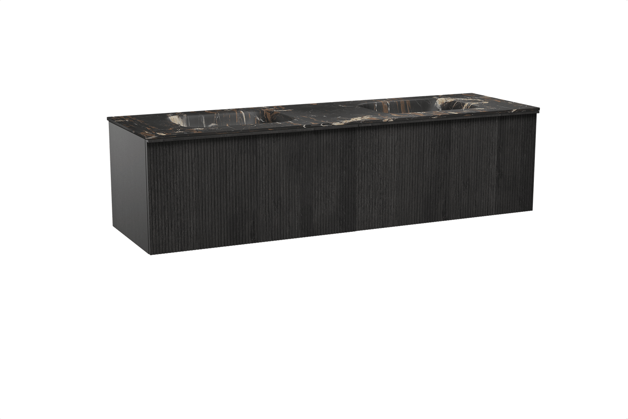 Balmani Forma hängendes Möbelstück Set: 180 x 55 cm, Schwarze Eiche, mit Tablo Arcato Doppelwaschtisch, Marmor, Portoro Gold, Vertikale symmetrische gerade Rippe