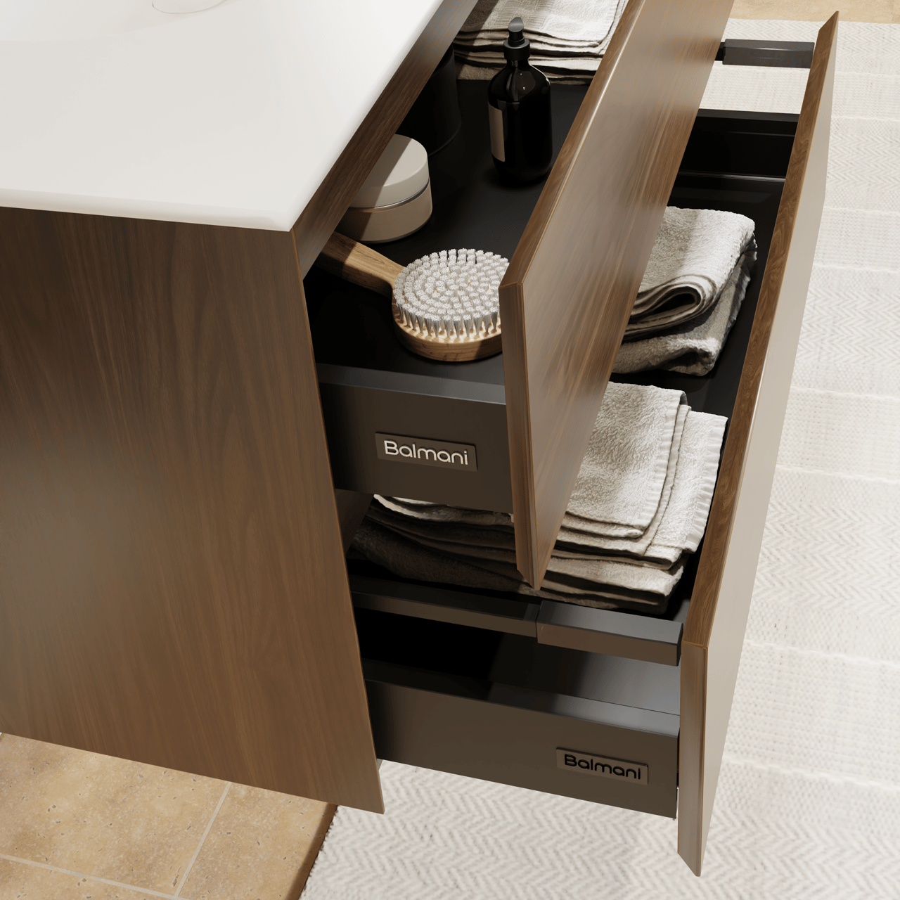 Balmani Mitra meuble salle de bains suspendu 135 x 55 cm noyer américain avec Tablo Oval double vasque en solid surface blanc mat