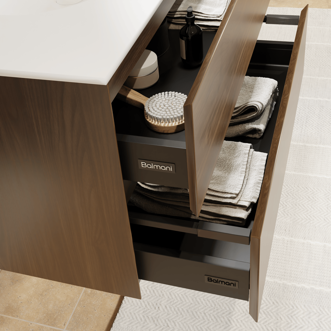 Balmani Mitra meuble salle de bains suspendu 120 x 55 cm noyer américain avec Tablo Oval lavabo simple pour 2 trous de robinet en solid surface blanc mat