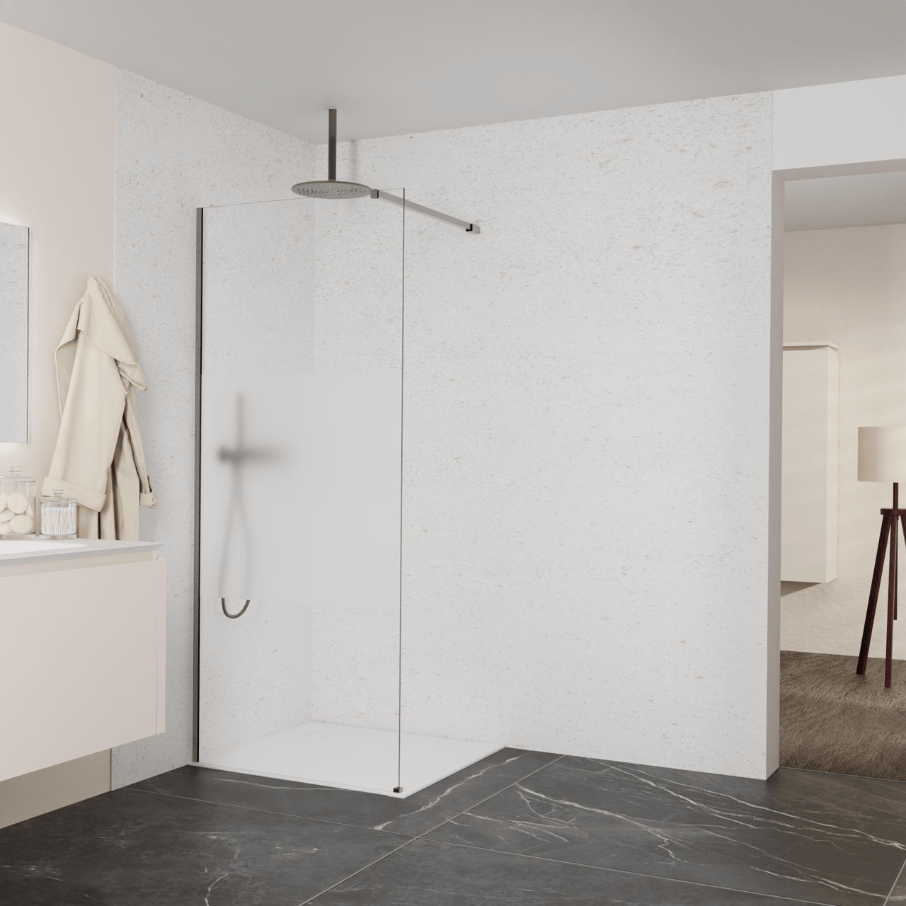 Balmani Modular Walk-In Dusche: 90 x 200 cm, Klarglas mit mattiertem Streifen, Profil Brushed GunMetal