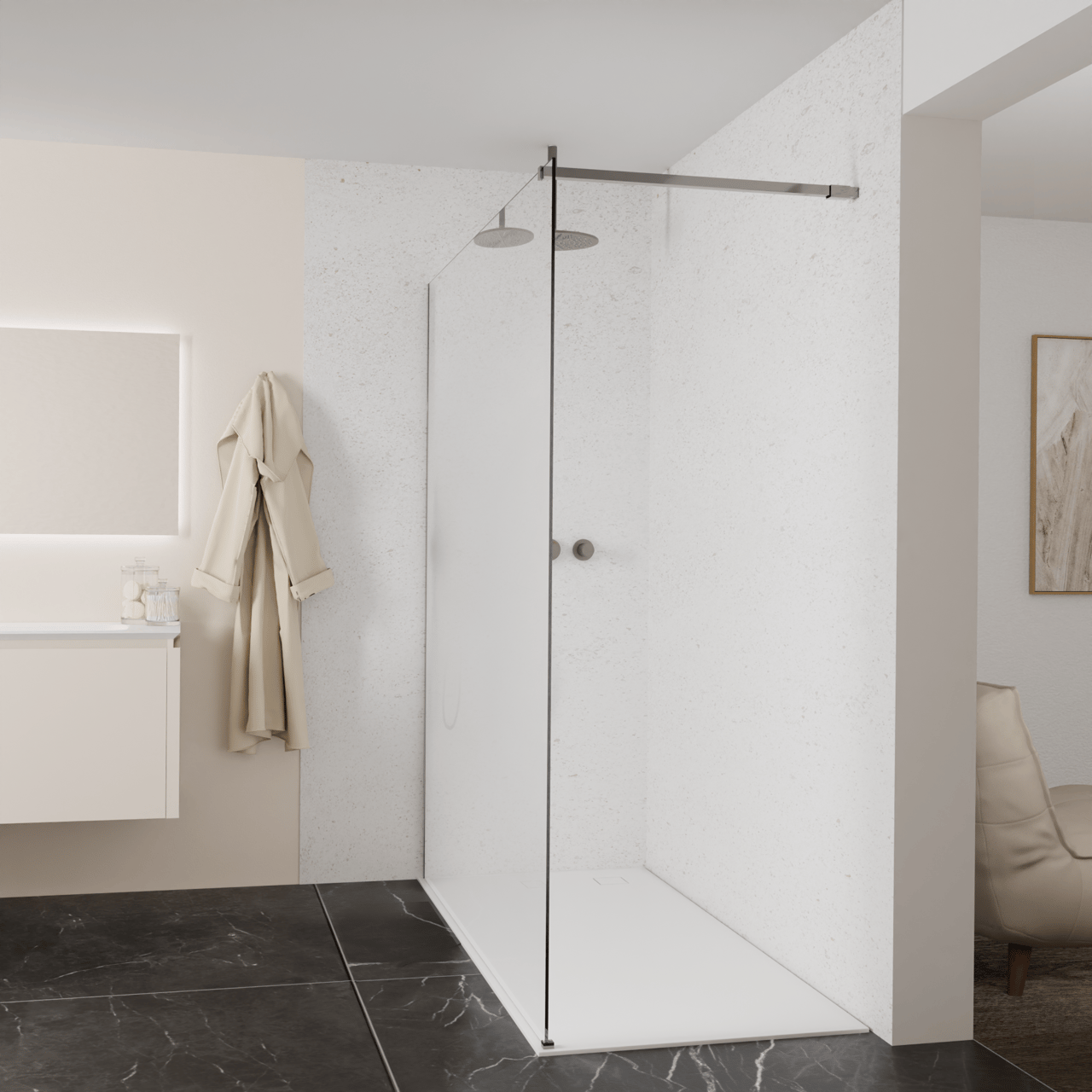 Balmani Modular Walk-In Dusche: 180 x 200 cm, Permafrost, inklusive Coating, Profil Brushed GunMetal