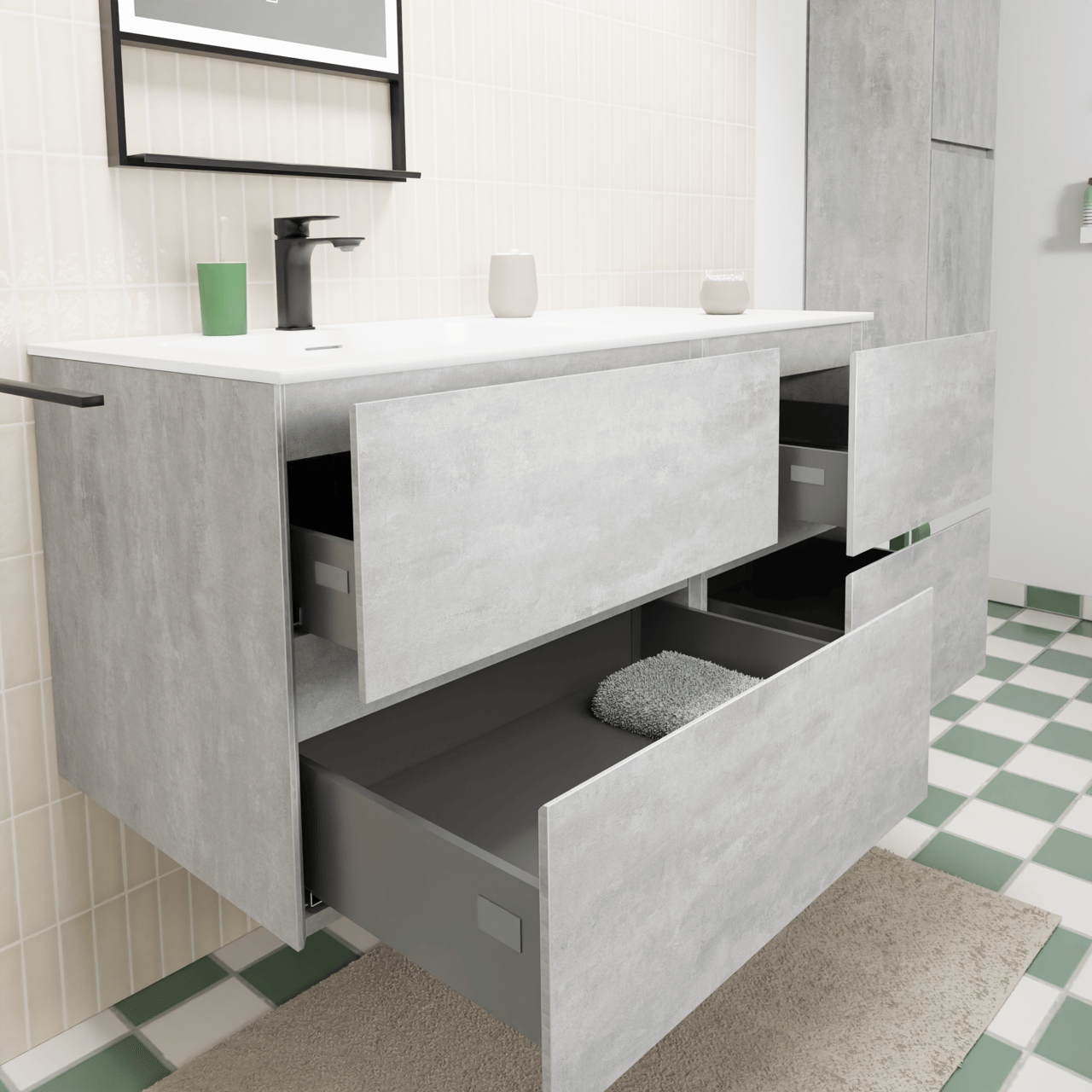 Storke Edge meuble salle de bains suspendu 110 x 52 cm béton gris foncé avec Mata vasque asymétrique gauche en solid surface blanc mat