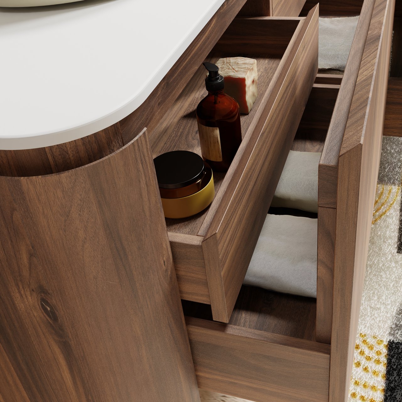 Balmani Moon zwevend badkamermeubel 160 x 55 cm amerikaanse notelaar met Moon enkel of dubbel tablet in solid surface mat wit