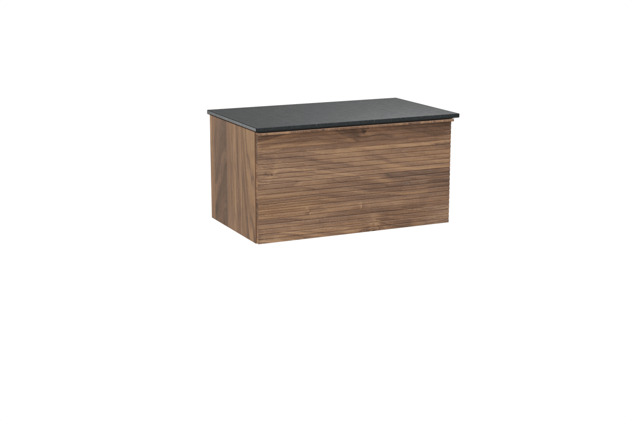 Balmani Forma meuble salle de bains suspendu 90 x 55 cm noyer américain avec Stretto tablette simple en granit noir, Nervure droite symétrique horizontale