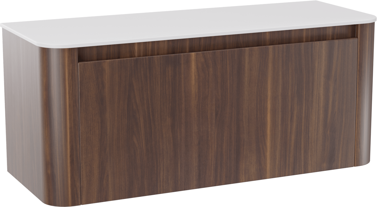 Storke Soft zwevend badkamermeubel 120 x 46 cm notelaar met Tavola Soft enkele of dubbele tablet in solid surface mat wit