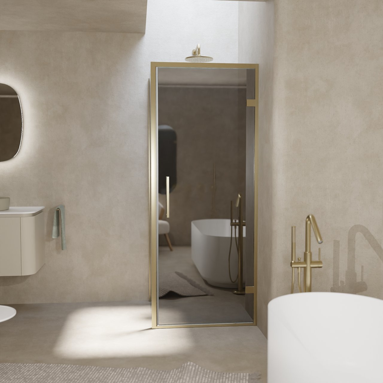 Balmani Senses Design douche en coin avec porte pivotante à droite et paroi latérale fixe, 90 x 90 cm, Miroir Reflex, Profil Brushed Champagne Gold, coating inclus, coating inclus