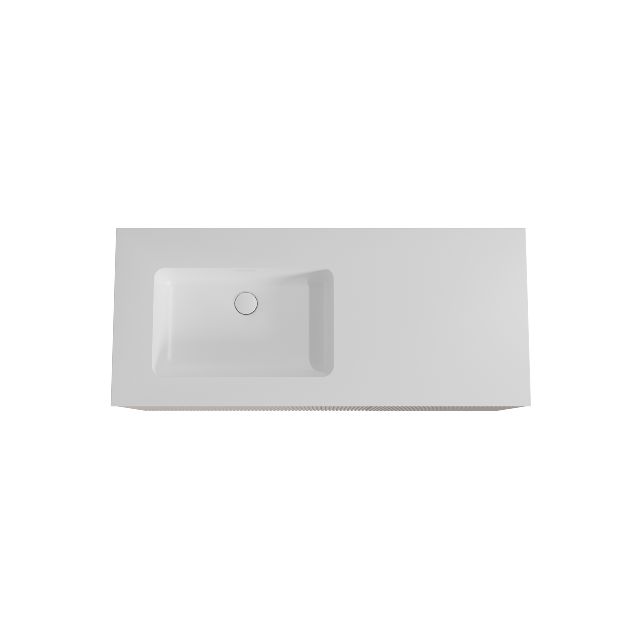 Storke Ribs meuble salle de bains suspendu 120 x 52 cm soie grise avec Mata plan vasque asymétrique à gauche en solid surface blanc mat, Nervure droite symétrique verticale