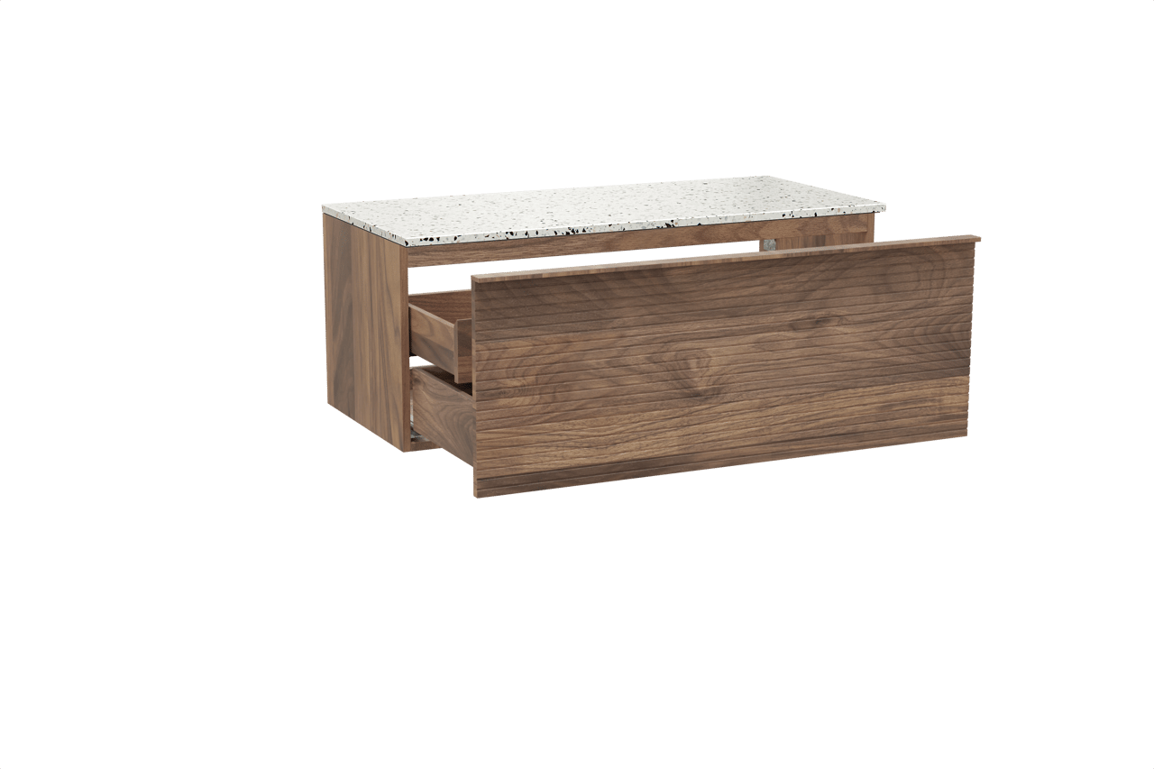 Balmani Forma zwevend badkamermeubel 120 x 55 cm amerikaanse notelaar met Stretto enkel of dubbel tablet in mat wit/zwart terrazzo, Horizontale symmetrische rechte ribbel