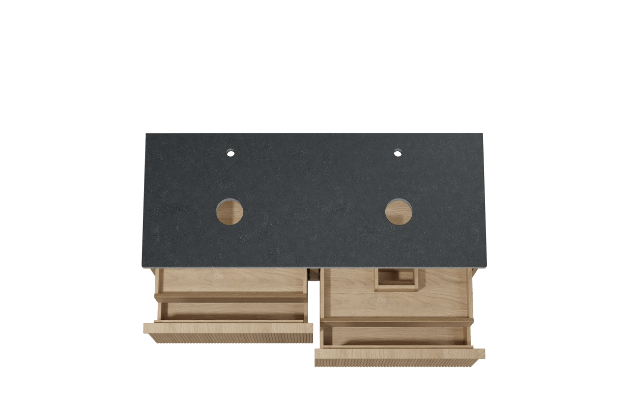 Balmani Forma meuble salle de bains suspendu 135 x 55 cm chêne naturel avec Rock tablette double en granit noir, Nervure gauche symétrique verticale