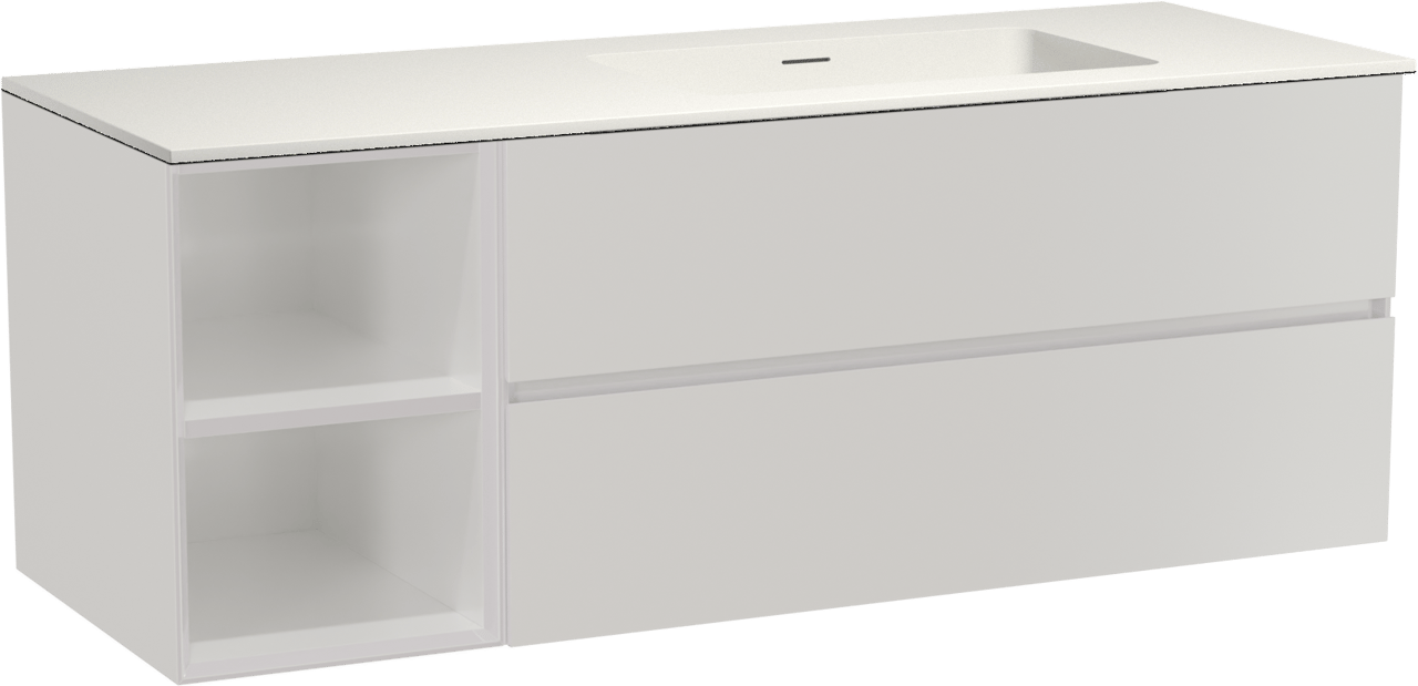 Storke Edge zwevend badkamermeubel 140 x 52 cm glanzend wit met Mata asymmetrisch rechtse wastafel in solid surface mat wit