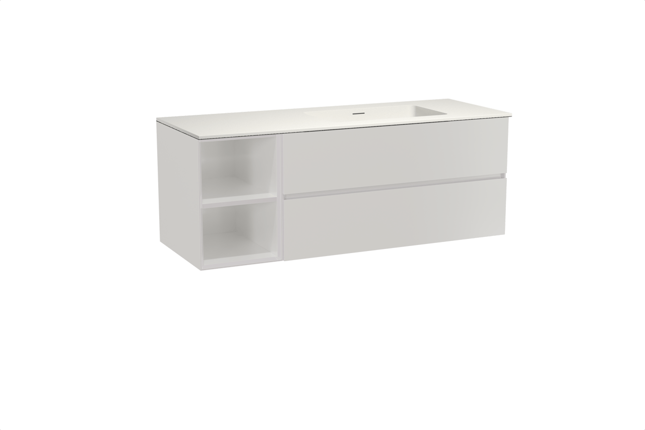 Storke Edge zwevend badmeubel 140 x 52 cm hoogglans wit met Mata asymmetrisch rechtse wastafel in solid surface mat wit