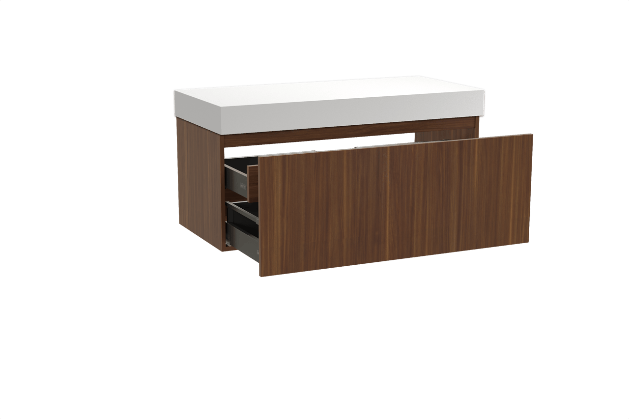 Balmani Sfera hängendes Möbelstück Set: 120 x 55 cm, Amerikanischer Nussbaum, mit Dominus Einzel- oder Doppel Waschtischplatte, Solid Surface Weiß matt