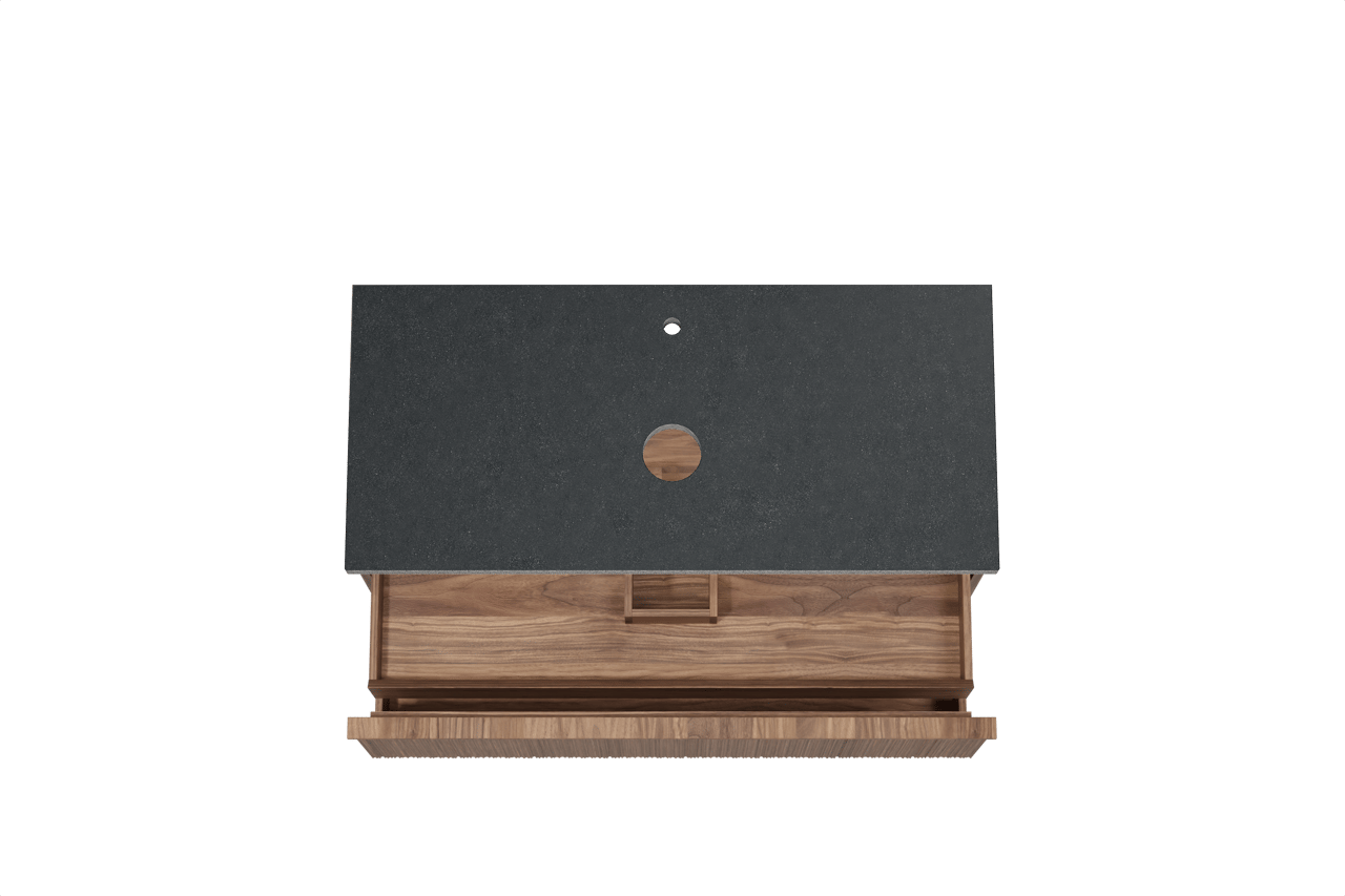 Balmani Forma meuble salle de bains suspendu 120 x 55 cm noyer américain avec Rock tablette simple en granit noir, Nervure circulaire asymétrique verticale