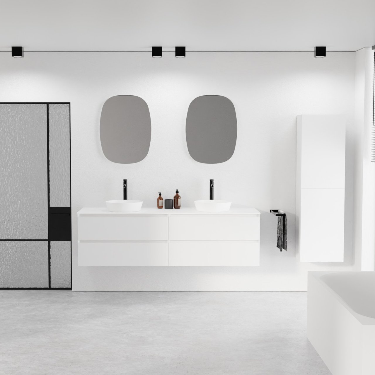 Balmani Mitra hängendes Möbelstück Set: 180 x 55 cm, Weiß matt, mit Stretto Einzel- oder Doppel Waschtischplatte, Solid Surface Weiß matt