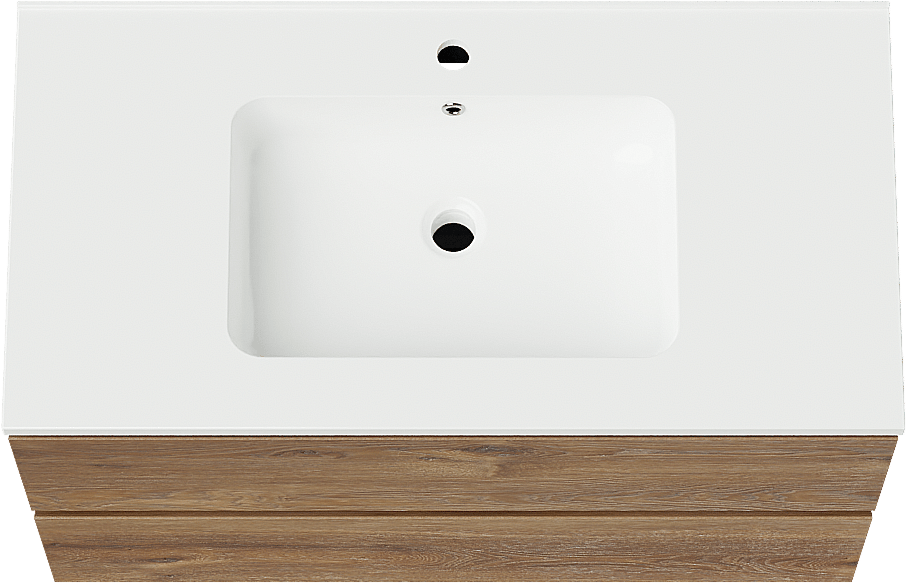 Linie Lado zwevend badmeubel 90 x 46 cm bruin eiken met Vano enkele wastafel in composietmarmer hoogglans wit