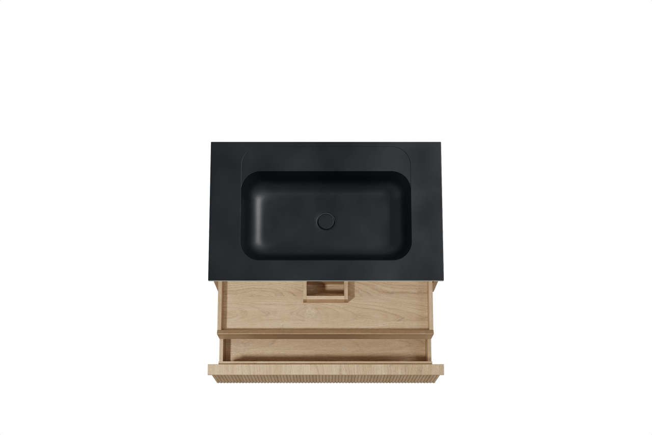 Balmani Forma hängendes Möbelstück Set: 90 x 55 cm, Naturbelassene Eiche, mit Tablo Strada Einzelwaschtisch, Marmorkomposit, Schwarz matt, Vertikale symmetrische gerade Rippe