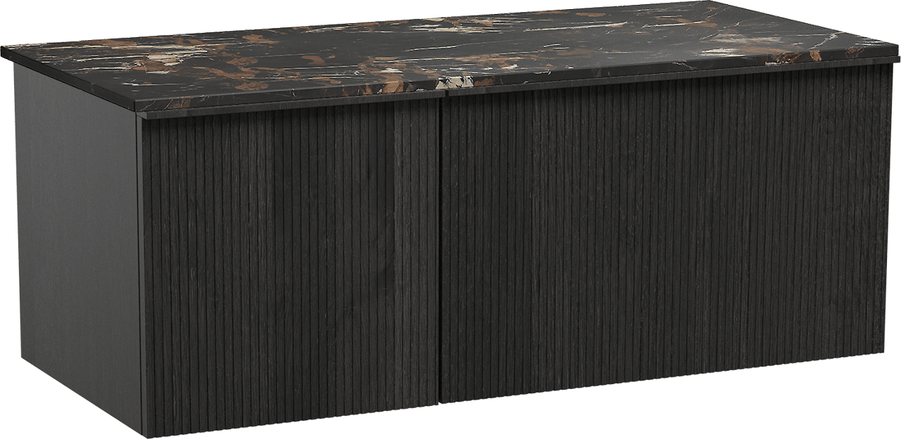 Balmani Forma hängendes Möbelstück Set: 120 x 55 cm, Schwarze Eiche, mit Stretto Einzel Waschtischplatte, Marmor, Portoro Gold, Vertikale symmetrische gerade Rippe