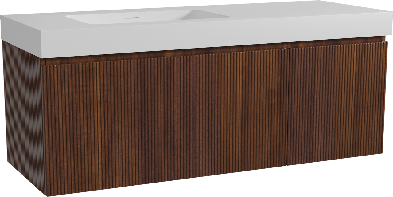 Storke Ribs zwevend badmeubel 140 x 52 cm notenhout met Mata High asymmetrisch linkse wastafel in solid surface mat wit, Verticale symmetrische rechte ribbel