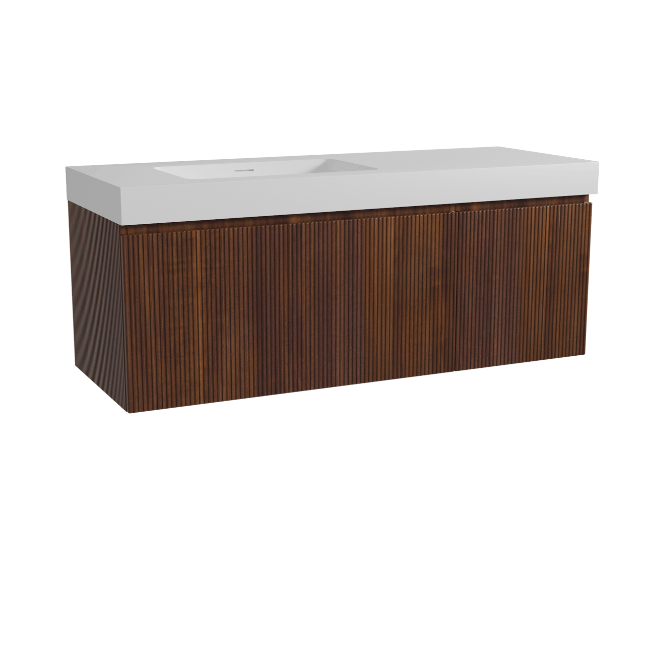 Storke Ribs hängendes Möbelstück Set: 140 x 52 cm, Nussbaum, mit Mata High Waschtisch links, Solid Surface, Weiß matt, Vertikale symmetrische gerade Rippe