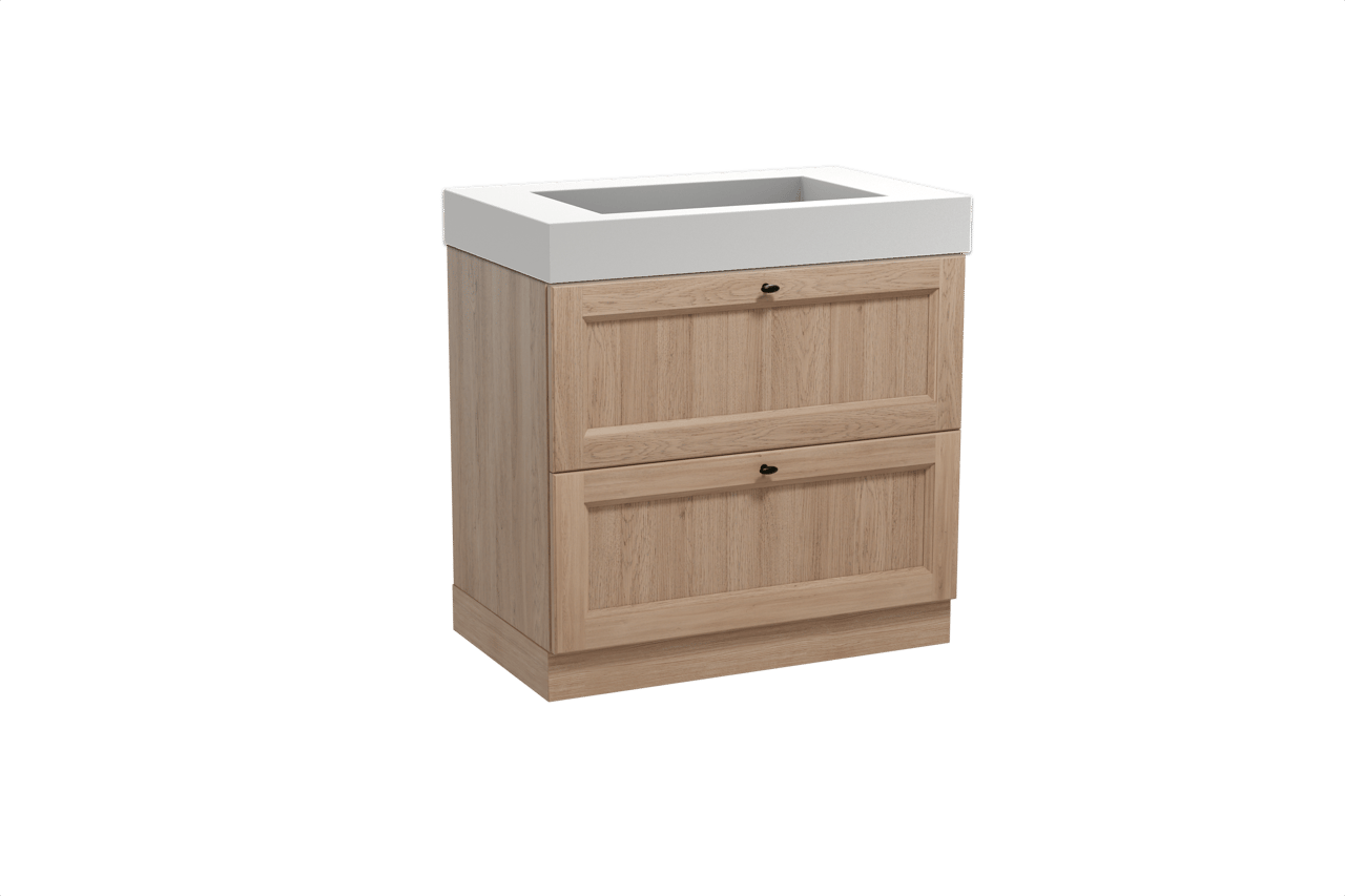 Balmani Lemon freistehendes Möbelstück Set: 90 x 55 cm, Verwitterte Eiche, mit Modus Einzelwaschtisch, Solid Surface Weiß matt