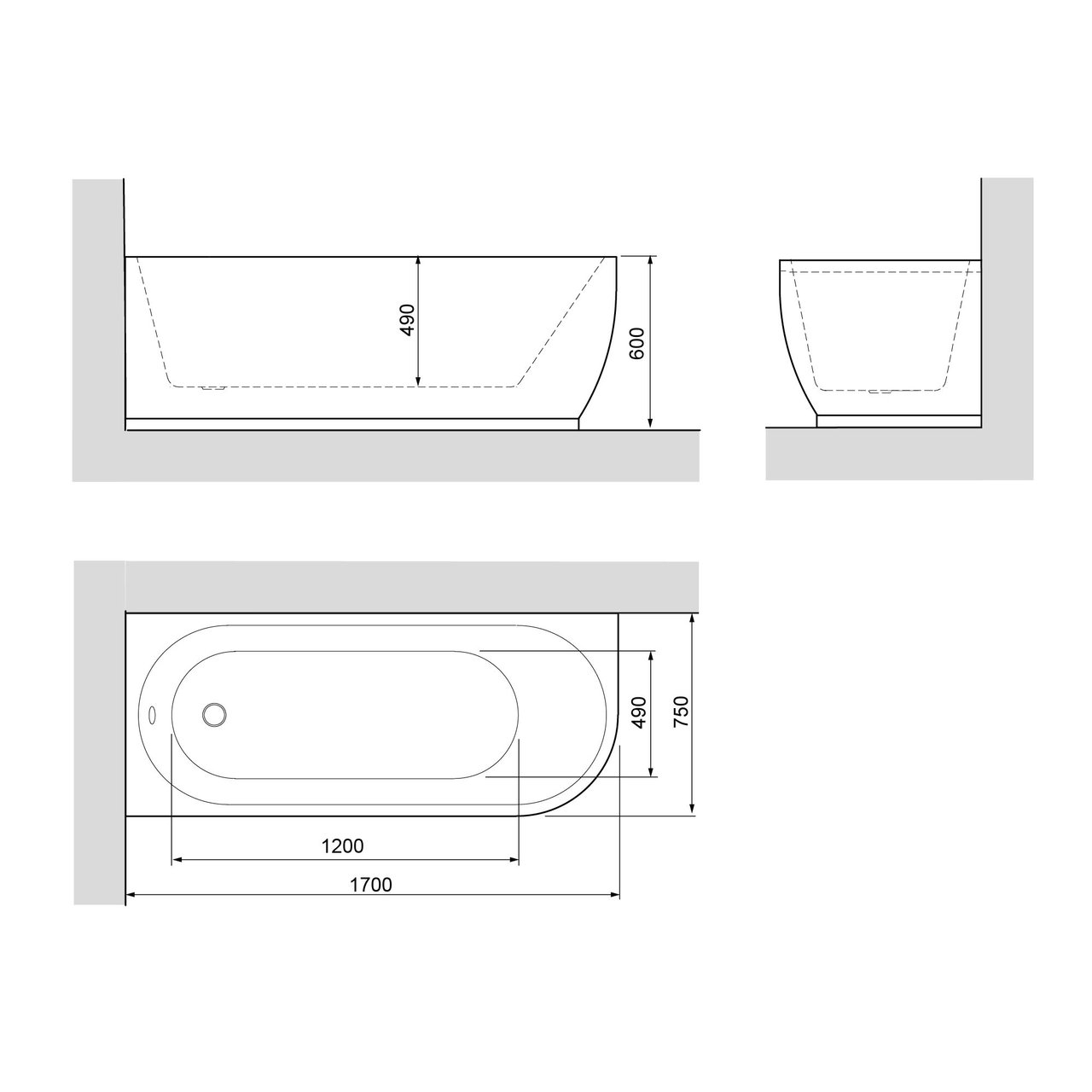 Linie Paulo baignoire d'angle gauche mono 170 x 75 cm acrylique blanc mat