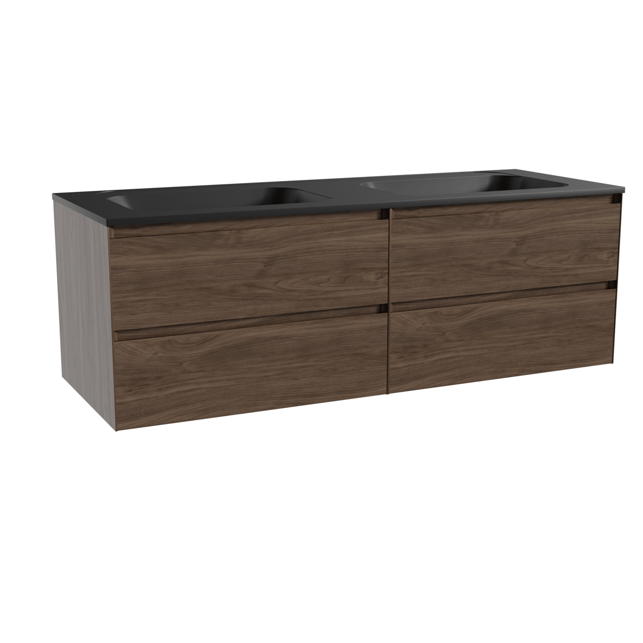 Balmani Mitra zwevend badkamermeubel 150 x 55 cm amerikaanse notelaar met Tablo Strada dubbele wastafel in composietmarmer mat zwart